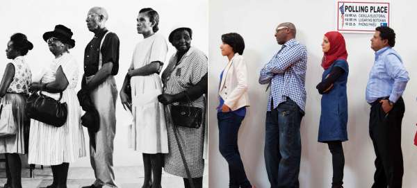 Side by side photos compare Americans in the past and present standing in line to vote. The left photo is in black and white and shows Black voters. The photo on the right is in full color showing Black and brown voters in line in front of a Polling Place sign. 