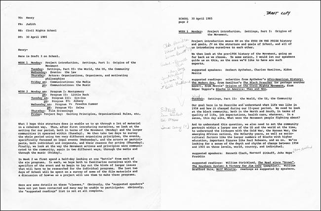 A 1985 working draft agenda for “school,” which all Eyes on the Prize staff attended prior to working on production of the series.