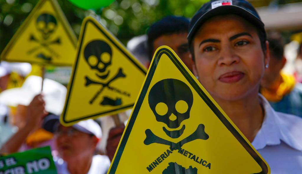 A protester holds up a yellow triangle sign with a skull and crossbones that reads "Mineria Metalica".