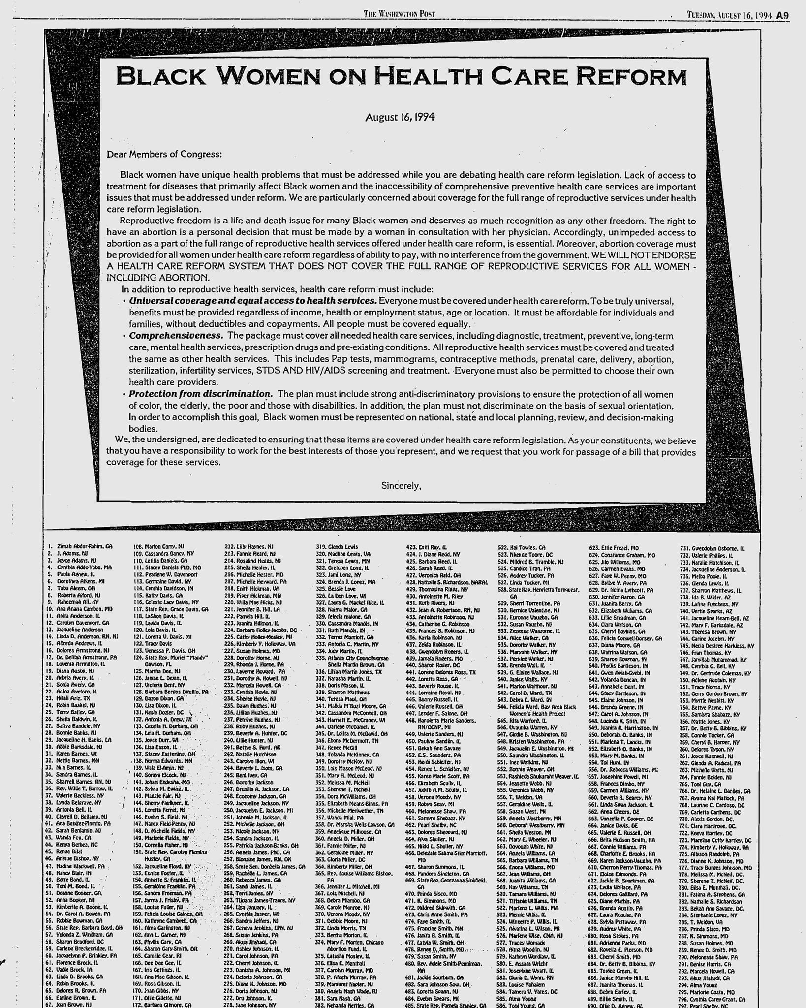 A newspaper page featuring an open letter, Black Women on Health Care Reform, with eight columns of signee names.