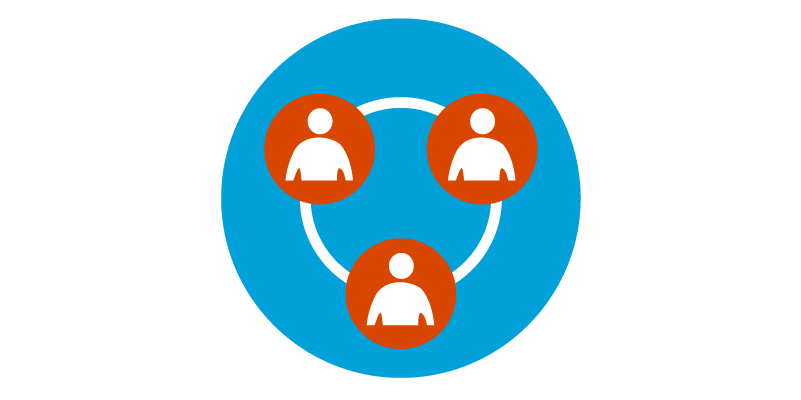 Blue circle with three red circles containing people icons