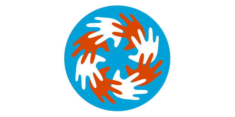 Blue circle with red and white hands touching