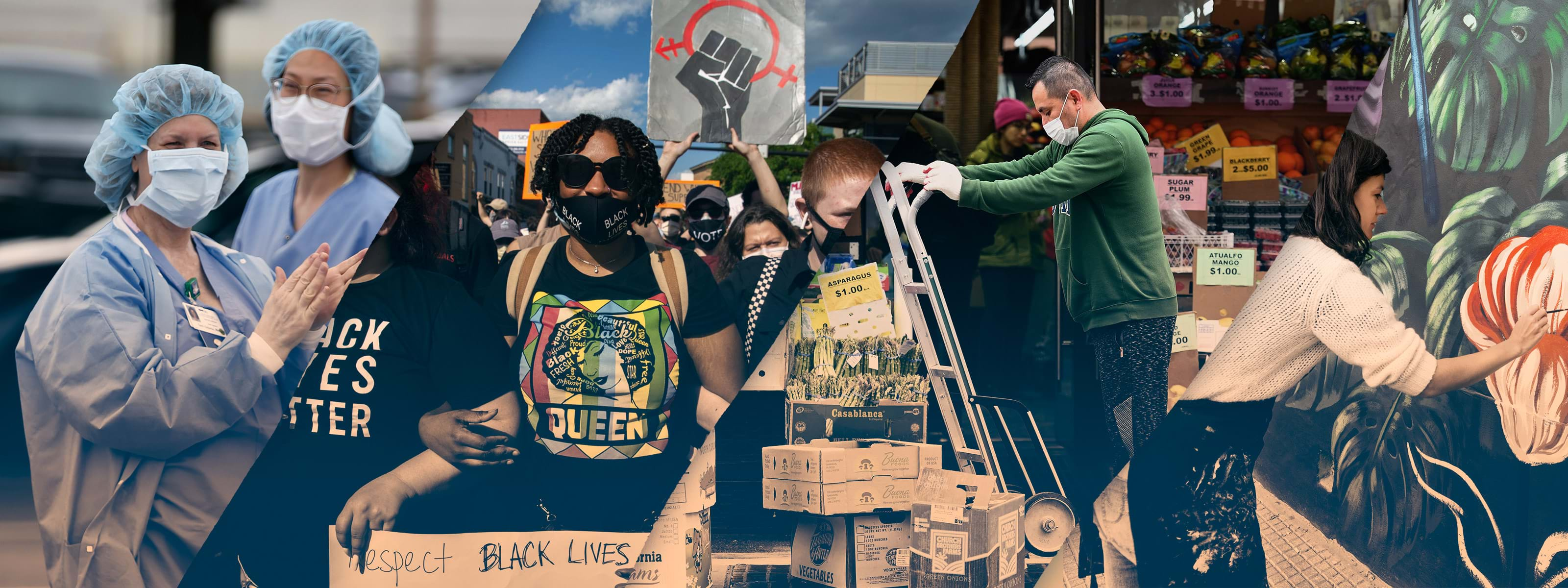 A collage with healthcare workers, protesters, grocery workers, and a muralist.