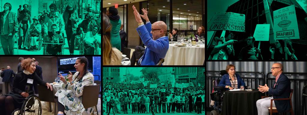 Colorful collage of people with disabilities protesting, laughing, and sitting with Darren Walker.