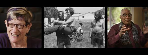 Three frames featuring stills from Crip Camp. On the left, a woman with short hair peppered with purple highlights, the middle, a man carries another man across his arms with a young person in a wheelchair behind him, and on the right an older Black man in glasses and a scarf gesturing towards the camera.