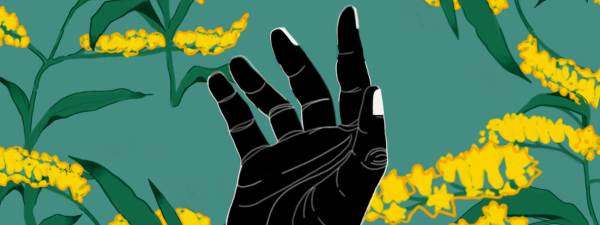  An outstretched hand that is illustrated in black and white is against a sage green background with yellow flowers and green leaves.