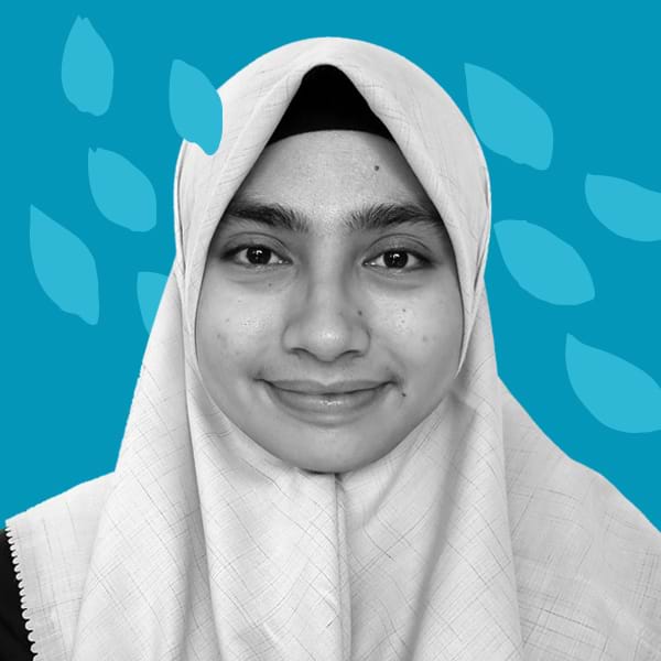 B&W Picture of Aisyah Ardani against a blue graphic background.
