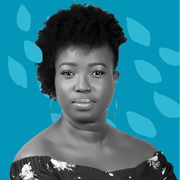 B&W Picture of Bukky Shonibare against a blue graphic background.