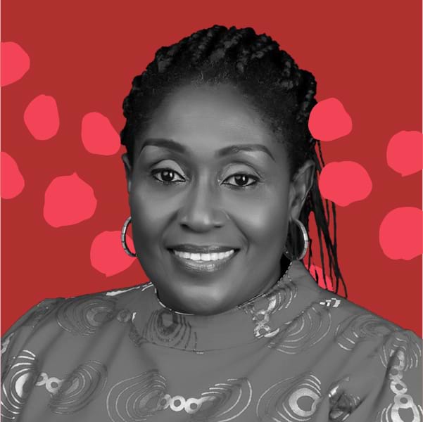 B&W Picture of Ekaete Judith Umoh against a red graphic background.