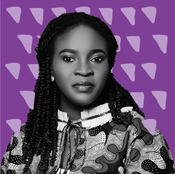 B&W Picture of Farida Bemba Nabourema against a purple graphic background.