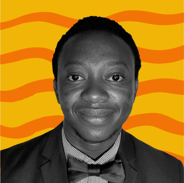 B&W Picture of Noah Mirembe Gabigogo against an orange graphic background.