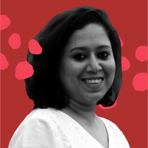 B&W Picture of Smita Chakraburtty against a red graphic background.