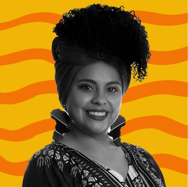 B&W Picture of Wendy Lisseth Morales Gálvez against an orange graphic background.