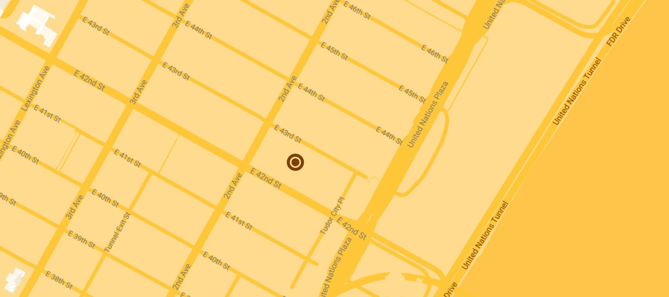 Map showing the location of the Ford Foundation Center for Social Justice at the intersection of East 43rd Street and 2nd Ave in New York City. 