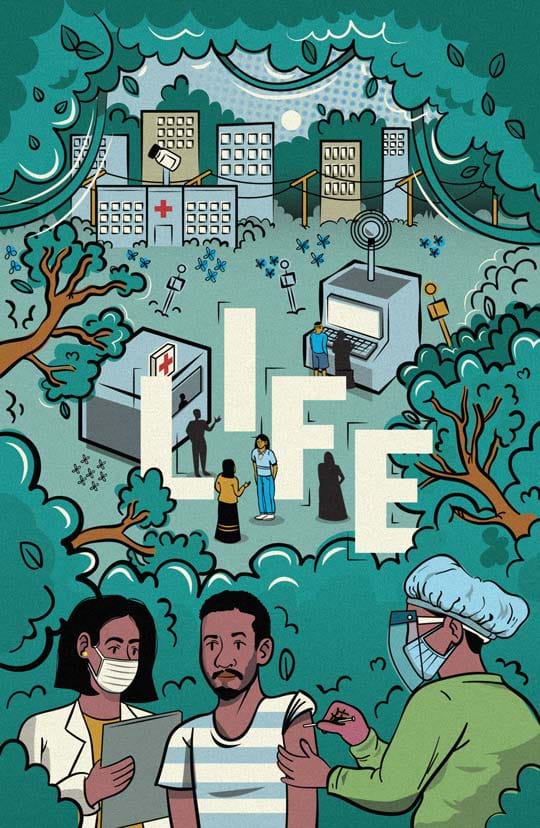 An illustration depicting trees and greenery surrounding scenes of hospital workers, people operating machines, and a person getting vaccinated. The word life is centered in the image.