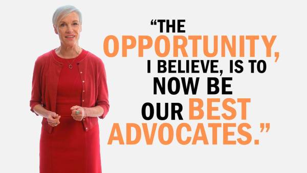 Cecile Richards has short white cropped hair and is wearing a red dress. Next to her is copy reading, "The opportunity, I believe, is to now be our best advocates."