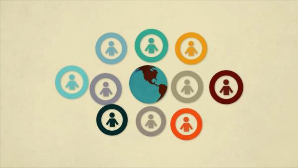 A graphic of multicolored icons of people surrounding a globe. 