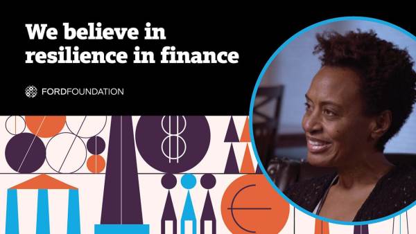 Text: "We believe in resilience in finance" with a smiling photo of Marcia Smith.