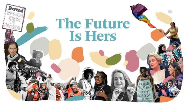 A photo collage of women in history surrounding the text, "The Future is Hers". 