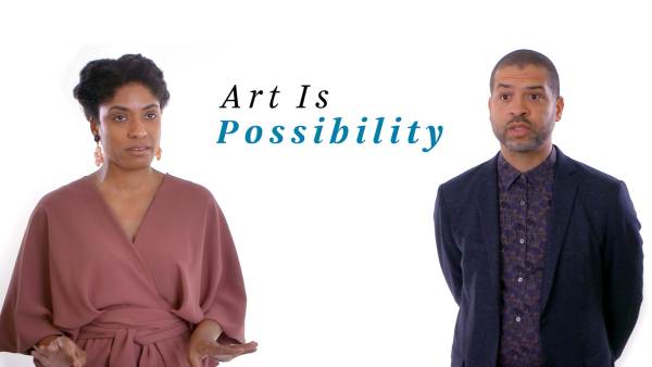 Alicia Hall, a black woman, is wearing a rosewood-colored dress, and Jason Moran, a black man, is wearing a dark blazer and a blue flower patterned button-down shirt. The phrase "Art Is Possibility" appears between them.