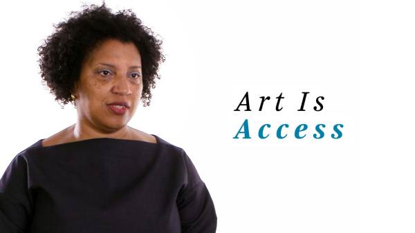 Robin Coste wears a black long-sleeved dress. The phrase "Art Is access" appears to the right.
