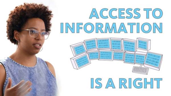Berhan Taye Gemeda, A Black woman with short hair and glasses, wearing silver hoop earrings and a sleeveless denim dress. The phrase "Access to Information is a Right" appears to the right.
