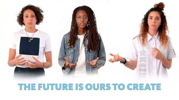Carmen Aguilar Y Wedge, a Latinx woman with short curly hair, is wearing a white t-shirt with a solid blue box on the front. Ashley Baccus-Clark, a Black woman with locs wearing a jean jacket. Ece Tankal, a Turkish woman with long wavy hair, is wearing a short sleeve white button-down shirt. The phrase "The future is ours to create" appears below them.