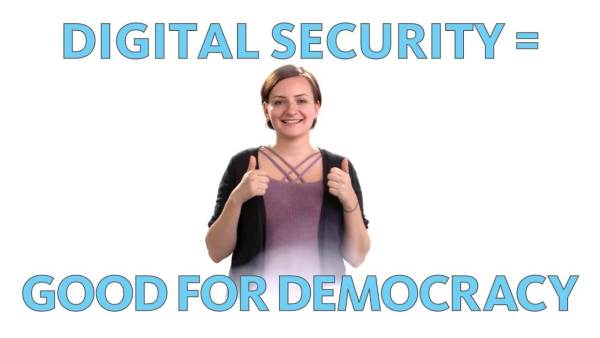 Jennifer Helsby, a white woman with short brown hair, is wearing a purple shirt and dark gray cardigan. The phrase "Digital security = good for democracy" appears above and below her.