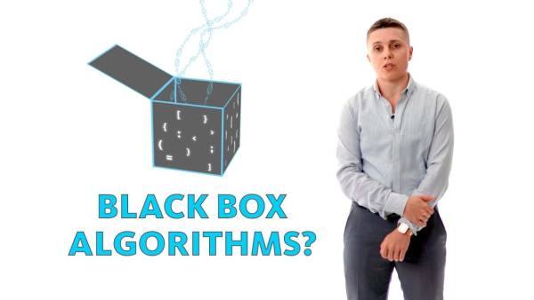 Kade Crockford is a white gender-nonconforming person wearing business clothing. The phrase "Black box algorithms?" appears to the left.