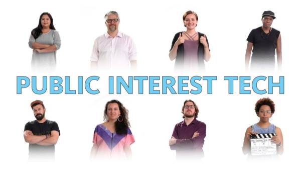 A medley of diverse tech fellows and tech inequality experts from all over the world. The phrase "Public Interest Tech" appears between them.