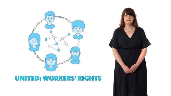 Michelle Miller is a white woman wearing a black dress. The phrase "United: Workers' Rights" appears to the left.