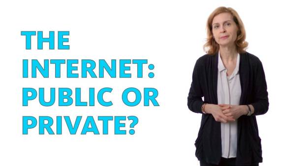 Susan Crawford is a white woman wearing a black cardigan over a white collared shirt. The phrase "The Internet: Public or Private?" appears to the left.