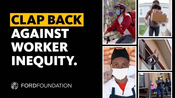 Photo montage of essential workers with text: Clap Back Against Worker Inequity.