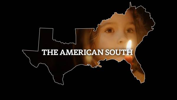 Map outline of all the States that make up the South with a picture of a young child holding a candle and the text: The American South.