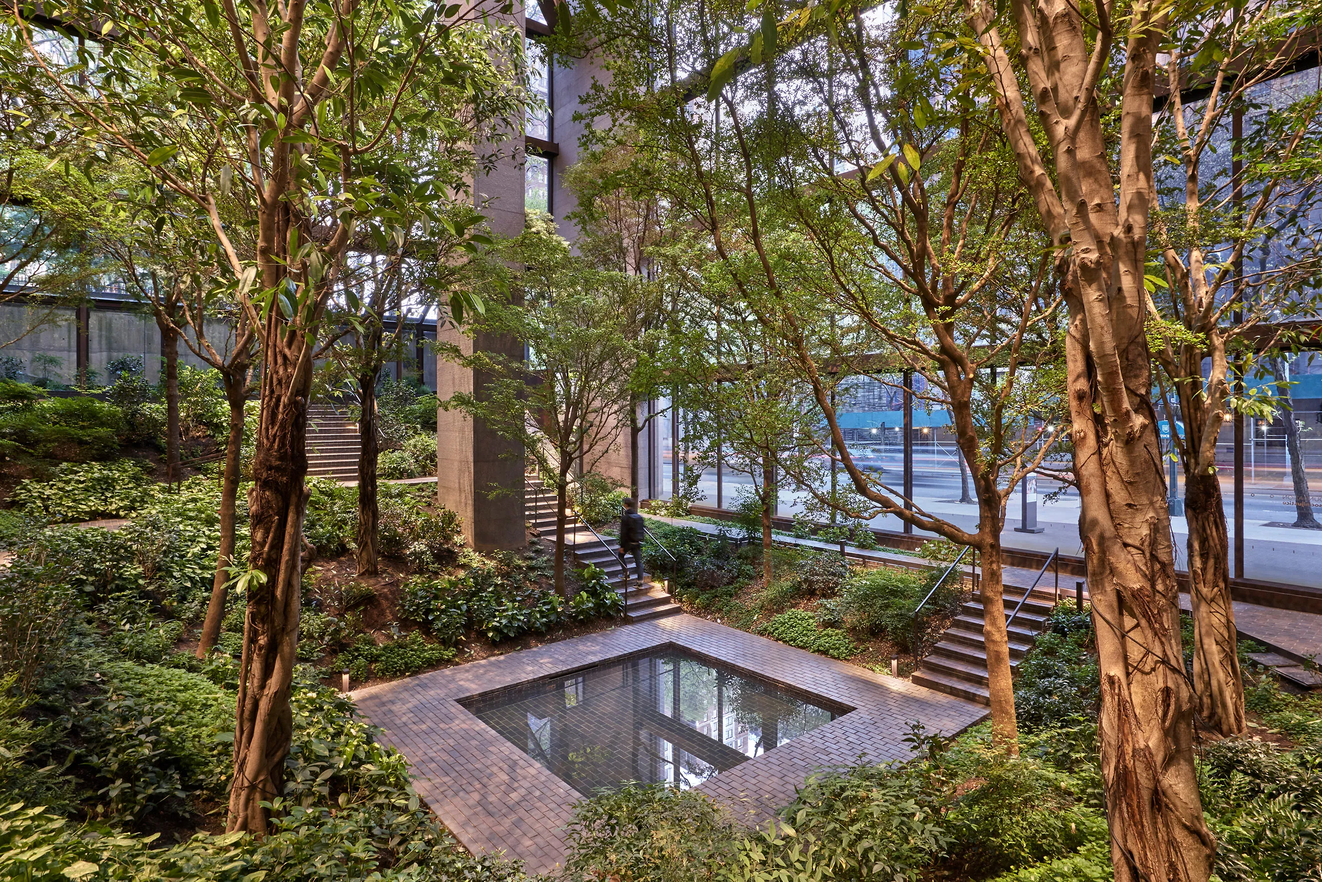 Atrium of a building filled with lush trees and vibrant plants, creating a serene and natural ambiance.