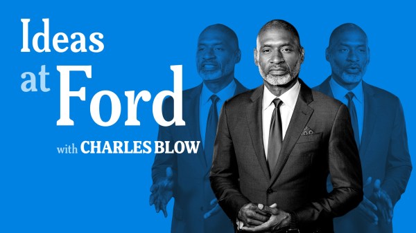 Promotional banner for "Ideas at Ford with Charles Blow," featuring Charles Blow in a suit against a blue background with multiple images of him.